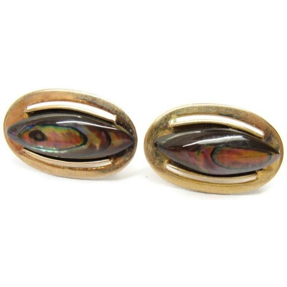 Vintage Cufflinks Round Gold Plated Abalone With Tie Tack And Tie Clip - Picture 9 of 14
